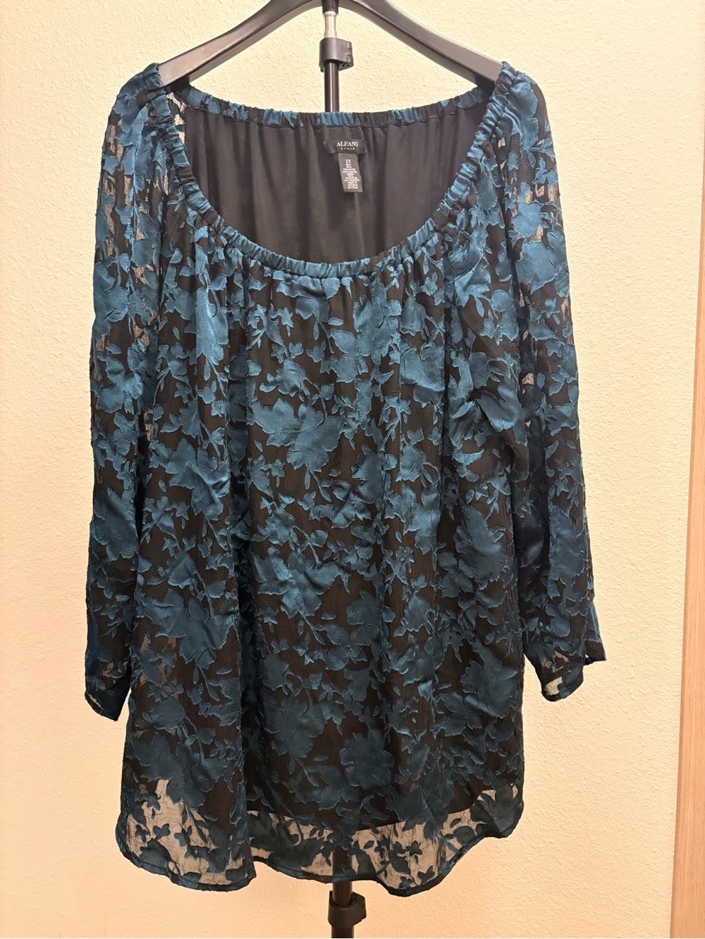 Alfani Black and Teal Floral Lace Overlay Tunic